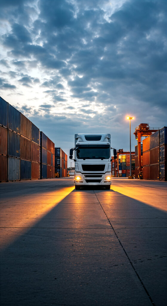 truck-driving-through-cargo-port-sunset